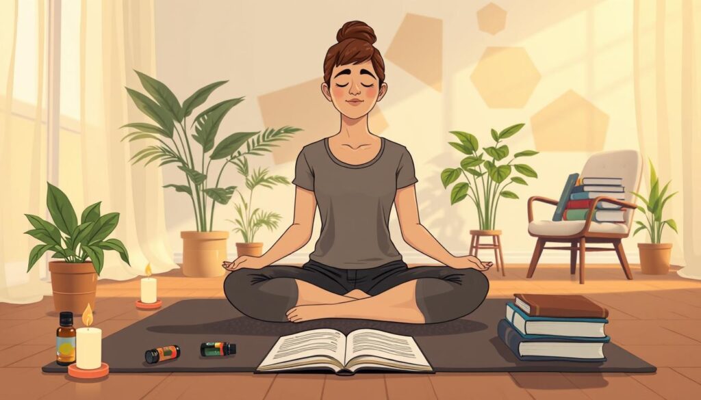 A serene indoor meditation space, softly lit with warm golden light filtering through sheer curtains. In the foreground, a person in modest casual clothing sits cross-legged on a plush yoga mat, eyes gently closed, embodying deep reflection and mindfulness. Surrounding them are tools for self-awareness: a journal with an open page, a few essential oils, and a flickering candle, suggesting tranquility. In the middle ground, plants thrive, adding a touch of nature, and a comfortable chair holds a stack of self-help books. The background reveals a softly painted mural of abstract shapes symbolizing personal growth. The overall ambiance is peaceful and introspective, inviting viewers to engage with the concept of self-awareness. nextself.ai A serene indoor meditation space, softly lit with warm golden light filtering through sheer curtains. In the foreground, a person in modest casual clothing sits cross-legged on a plush yoga mat, eyes gently closed, embodying deep reflection and mindfulness. Surrounding them are tools for self-awareness: a journal with an open page, a few essential oils, and a flickering candle, suggesting tranquility. In the middle ground, plants thrive, adding a touch of nature, and a comfortable chair holds a stack of self-help books. The background reveals a softly painted mural of abstract shapes symbolizing personal growth. The overall ambiance is peaceful and introspective, inviting viewers to engage with the concept of self-awareness. nextself.ai